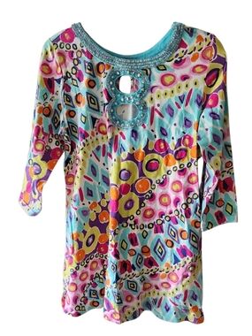 Joyous & Free Vibrant Boho Embellished Women’s Multicolor Keyhole Tunic Top